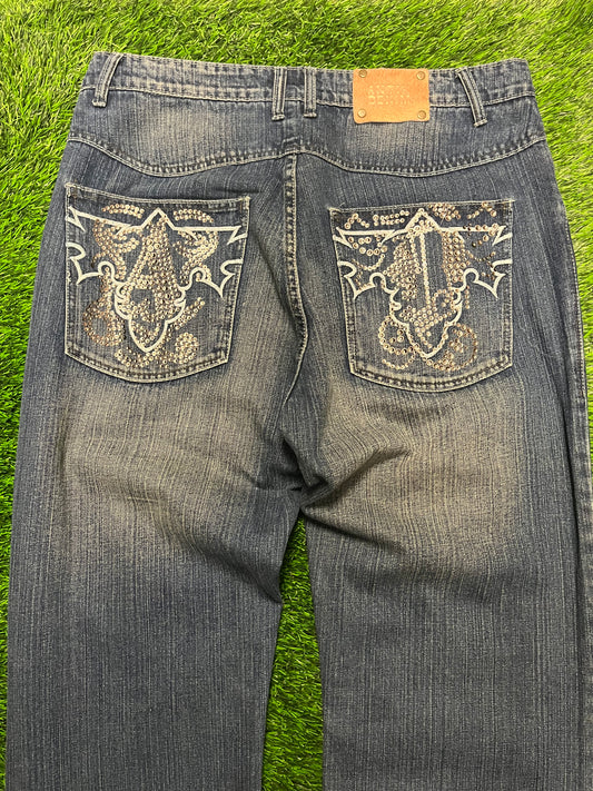 00s Antik Denim Rhinestone Baggy Dark Blue Jeans (38 x 34)