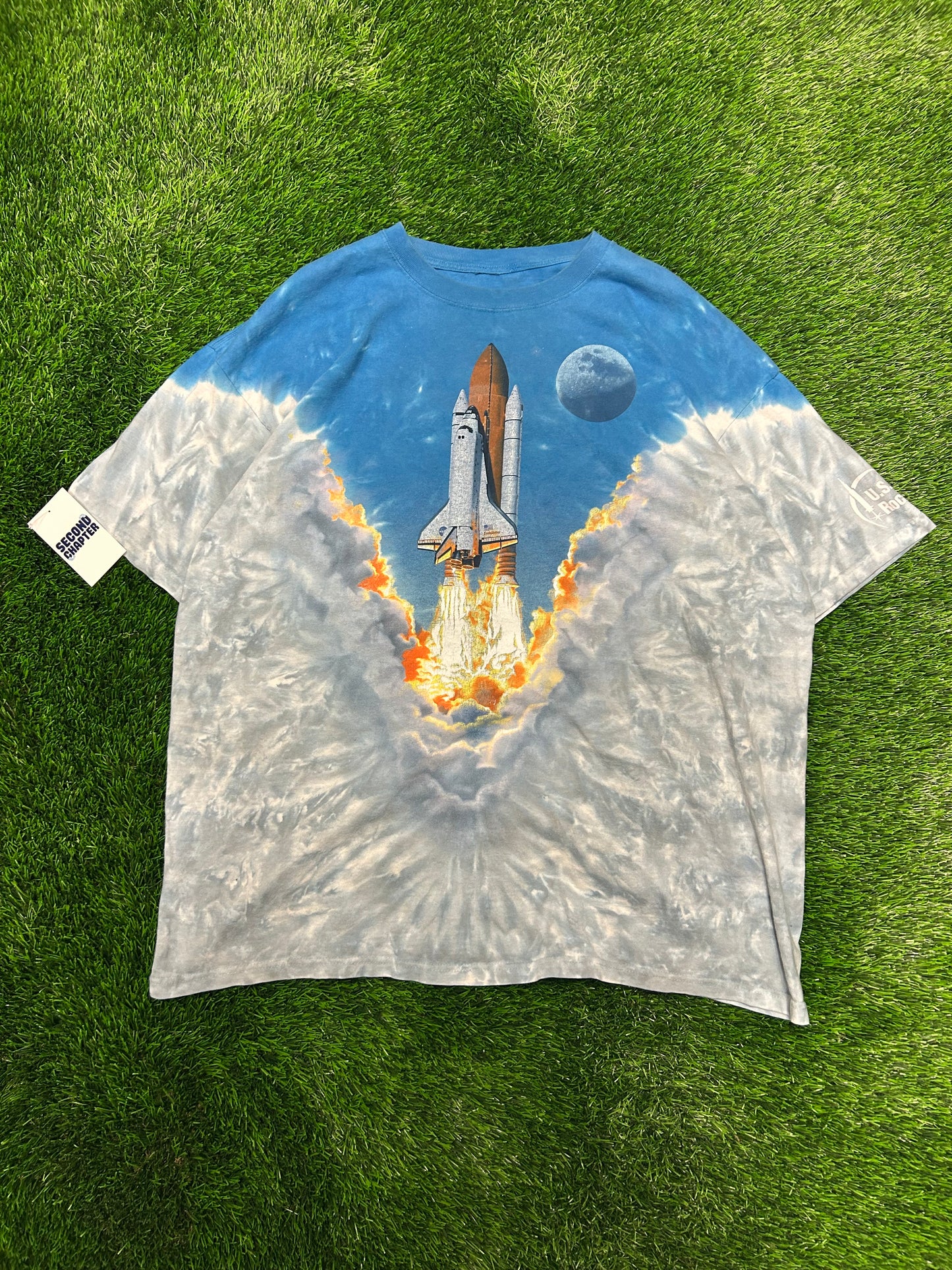 90s Boeing AOP Rocket Endeavor Space Shuttle Vintage Liquid Blue Tie Dye Tee (XXL)