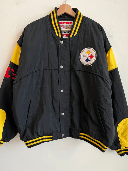 90s Pittsburgh Steelers Nutmeg Varsity Style Puffer Jacket (L)