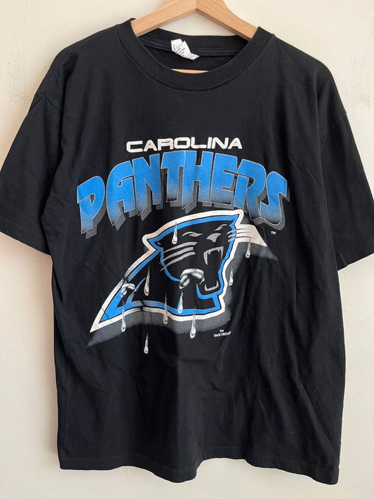 1995 Carolina Panthers Spell Out Rain Drop Logo Graphic Tee (L)