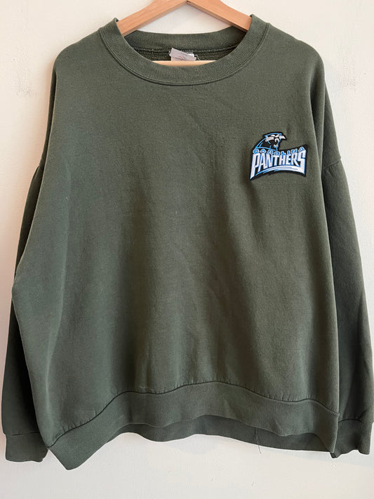 90s Carolina Panthers Embroidered Patched Military Green Crewneck (XXL)