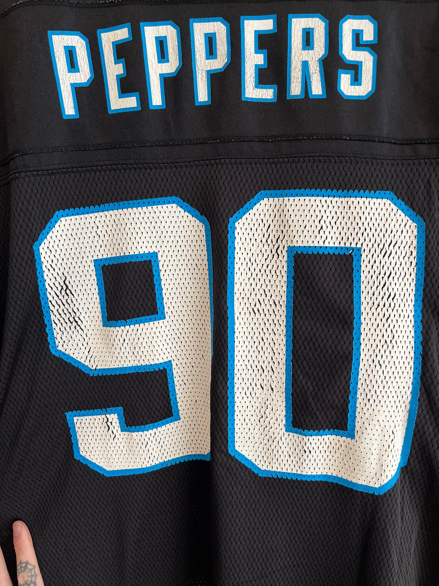 00s Carolina Panthers Julius Peppers Cracked Reebok Jersey (XL)