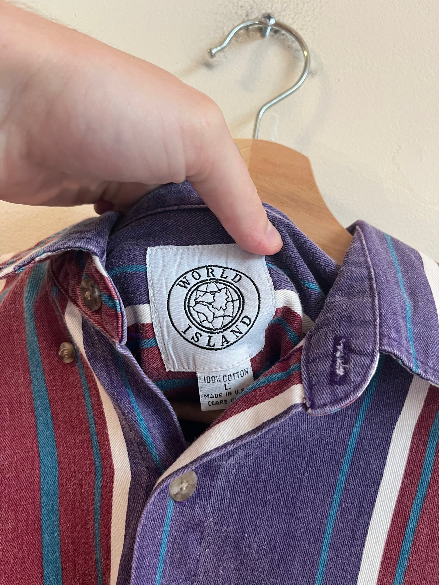 90s World Island Striped Button Down Polo Flannel (L)