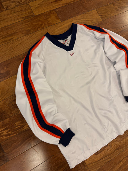 90s Nike Vintage Center Swoosh White Striped Long Sleeve Pullover Jersey (XXL)