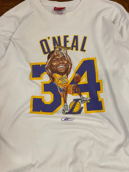 00s Los Angeles Lakers Reebok Shaquille O'Neal Caricature Dunk Vintage NBA Tee (L)