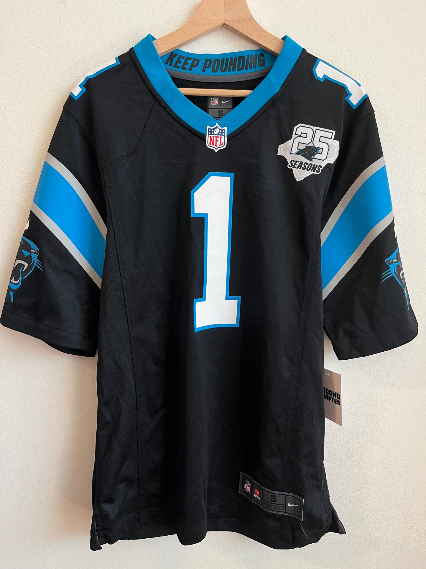 2010s Carolina Panthers Cam Newton 25 Seasons Patch Nike Jersey (S)