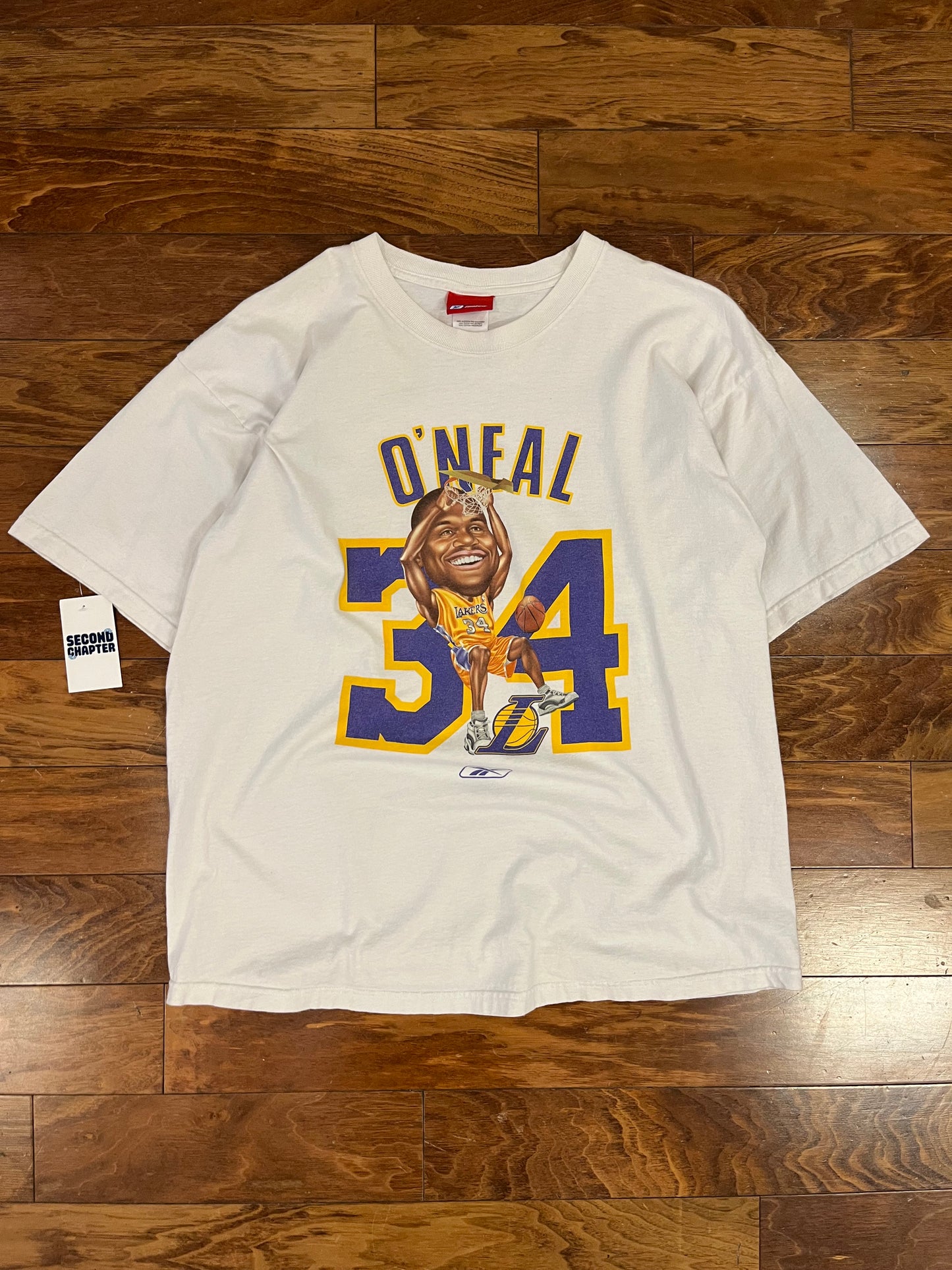 00s Los Angeles Lakers Reebok Shaquille O'Neal Caricature Dunk Vintage NBA Tee (L)