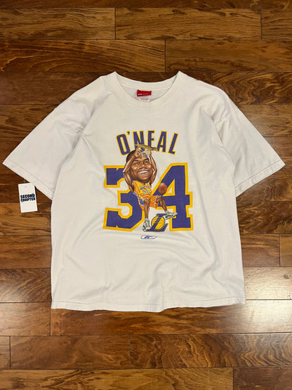 00s Los Angeles Lakers Reebok Shaquille O'Neal Caricature Dunk Vintage NBA Tee (L)