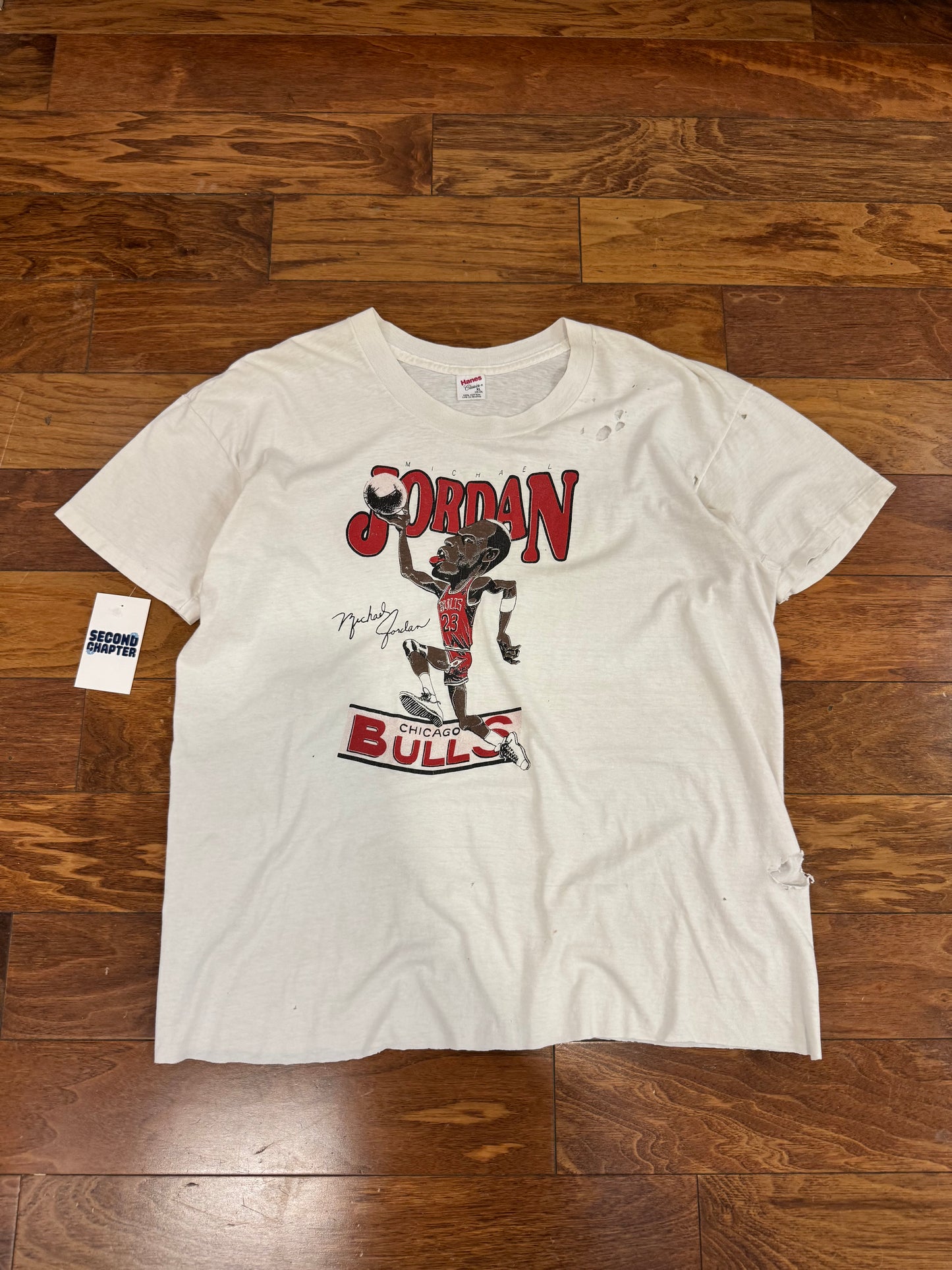 90s Michael Jordan Chicago Bulls Dunk Caricature Thrashed Vintage Cropped Tee (XL)