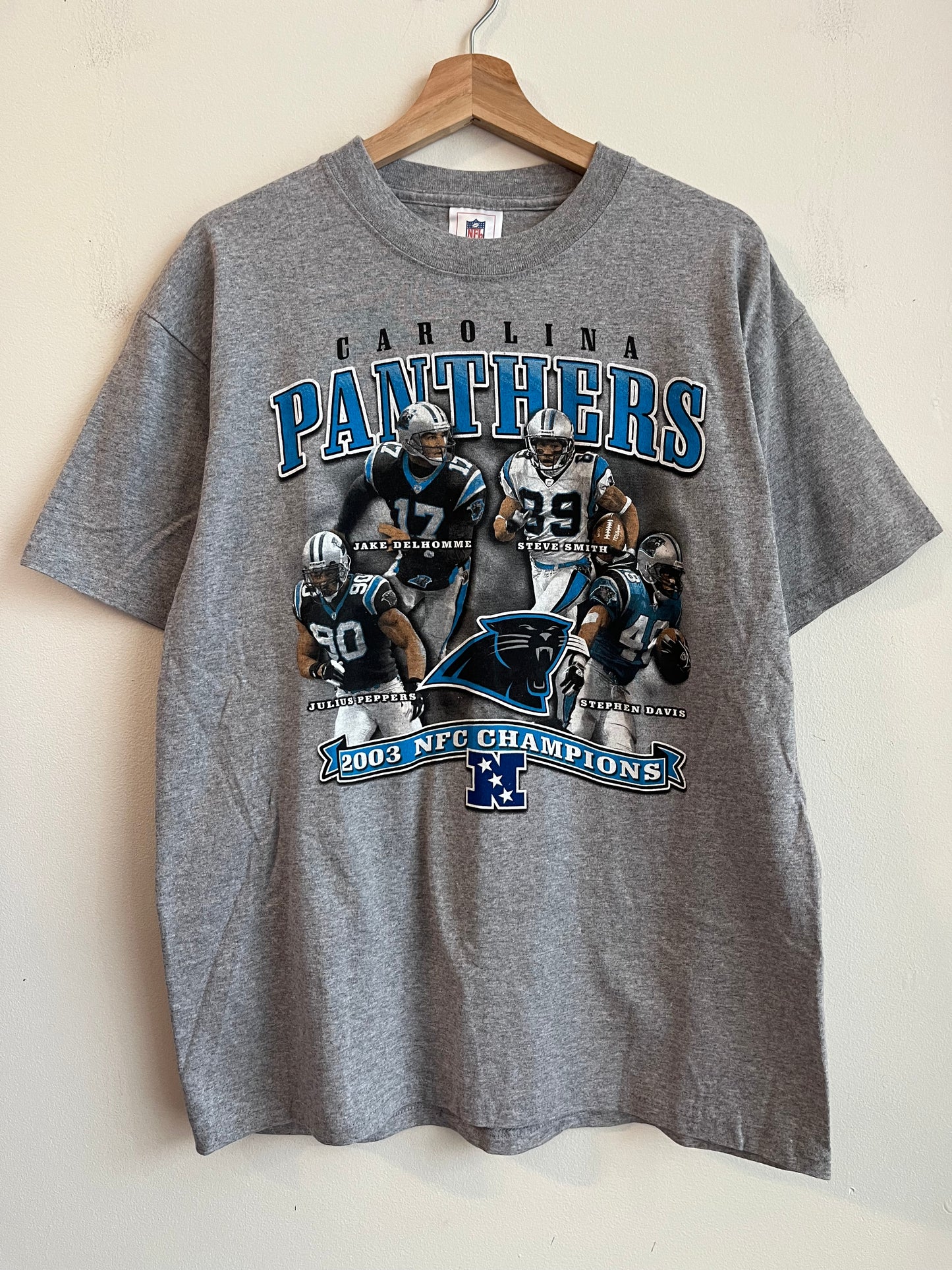 2003 Carolina Panthers Delhomme, Smith, Peppers, Davis Graphic NFC Champions Grey Tee (L)