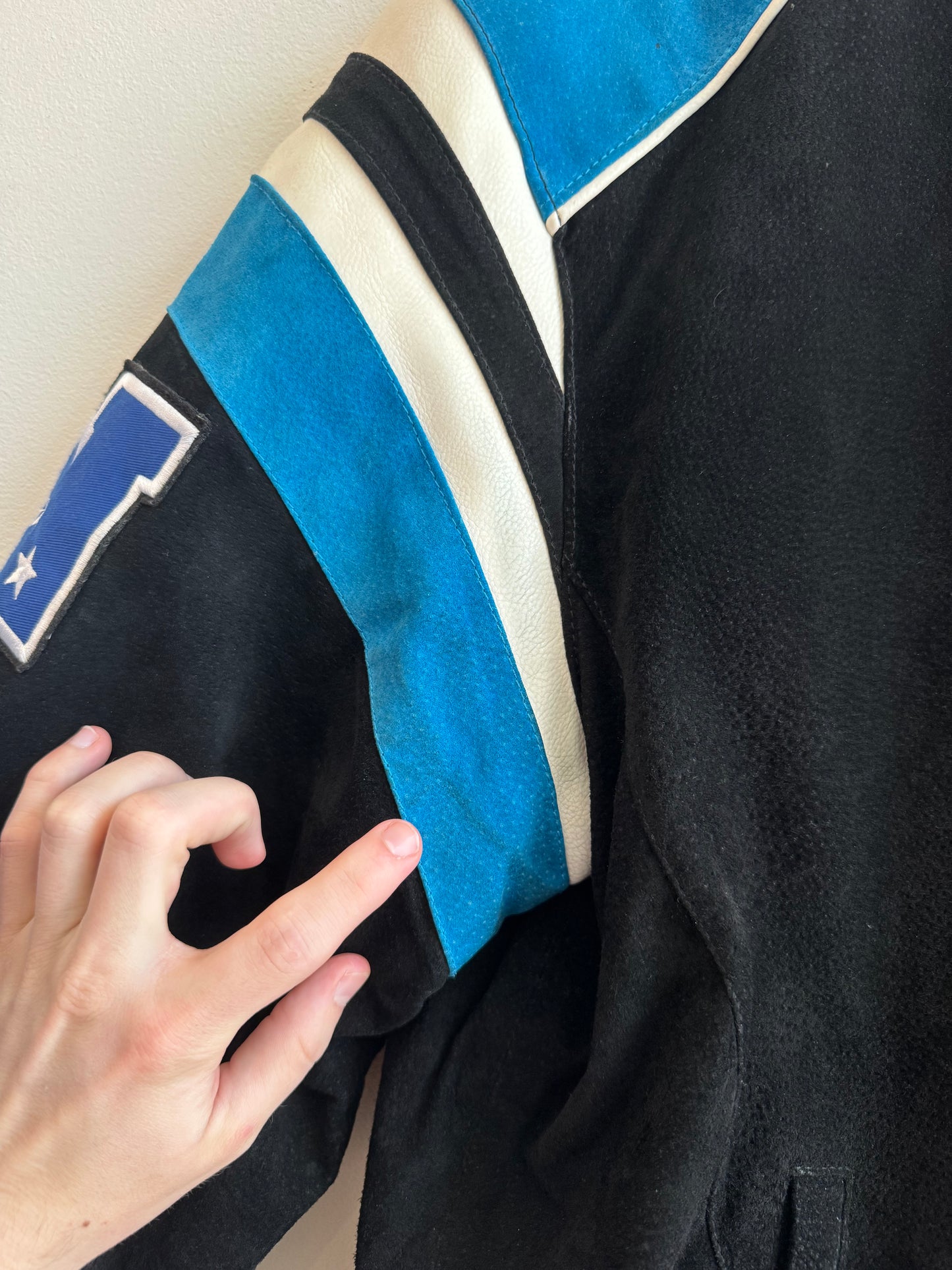 00s Carolina Panthers Suede Embroidered Patched NFL Jacket (XXL)