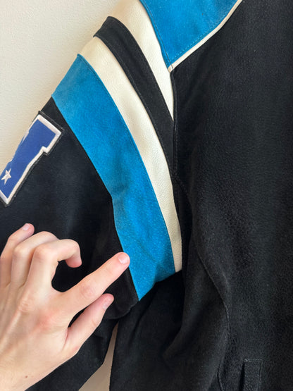 00s Carolina Panthers Suede Embroidered Patched NFL Jacket (XXL)