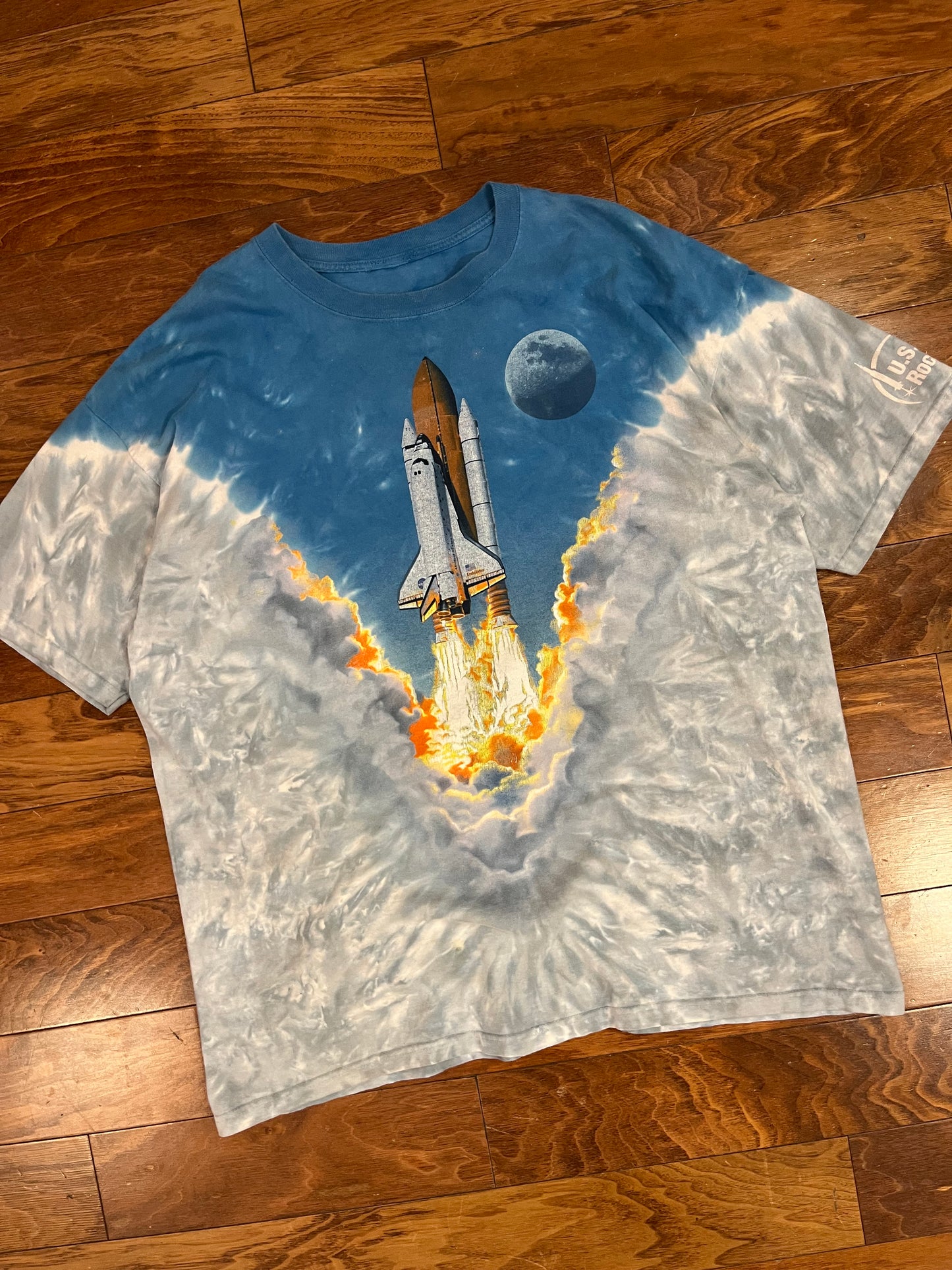 90s Boeing AOP Rocket Endeavor Space Shuttle Vintage Liquid Blue Tie Dye Tee (XXL)