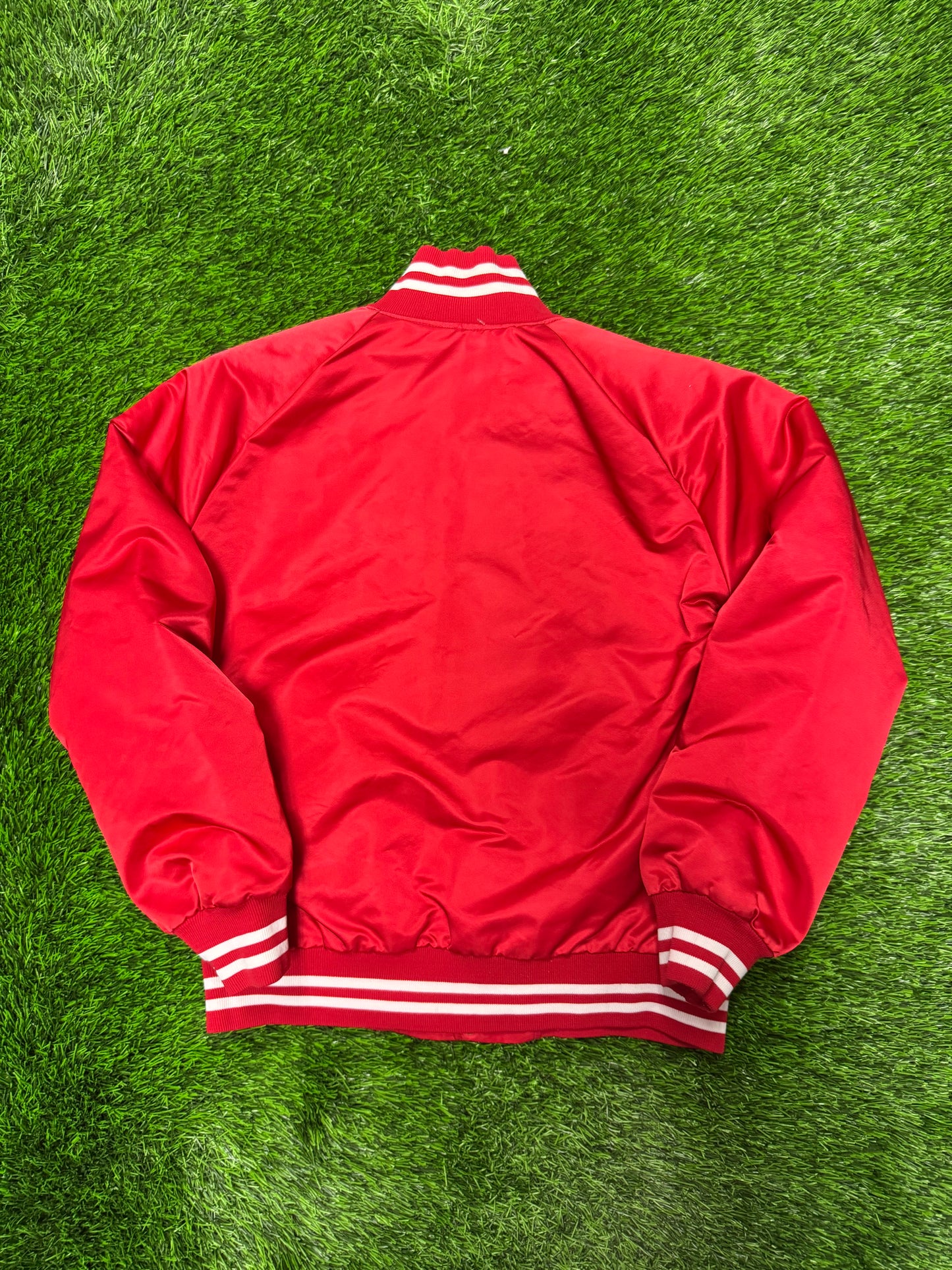 90s Brooklyn Script Red Vintage Satin Jacket (S)