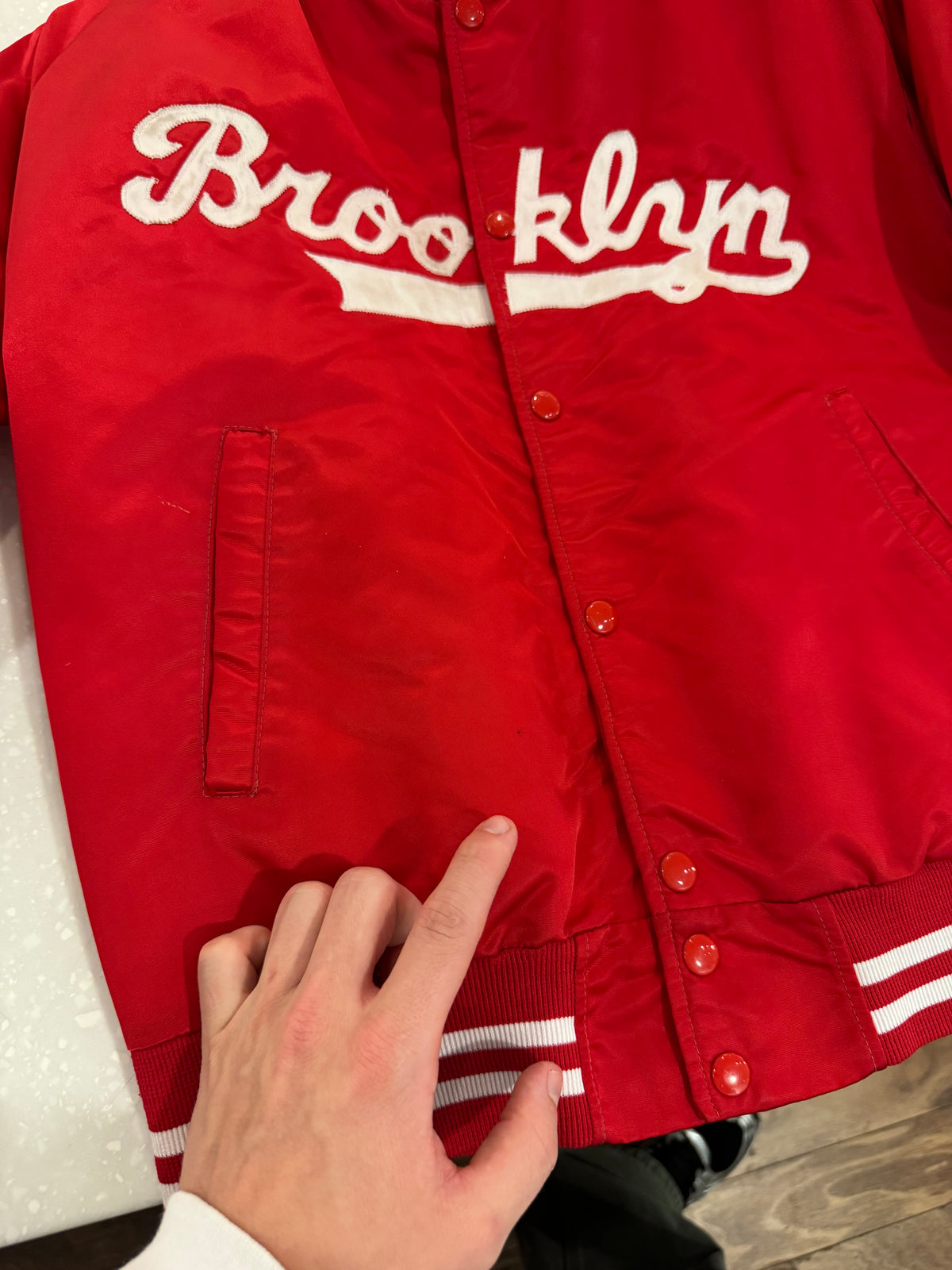 90s Brooklyn Script Red Vintage Satin Jacket (S)