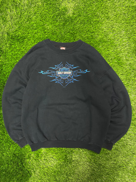 2005 Harley Davidson Vintage Blue Flames Tribal Baltimore Vintage Crewneck (L)