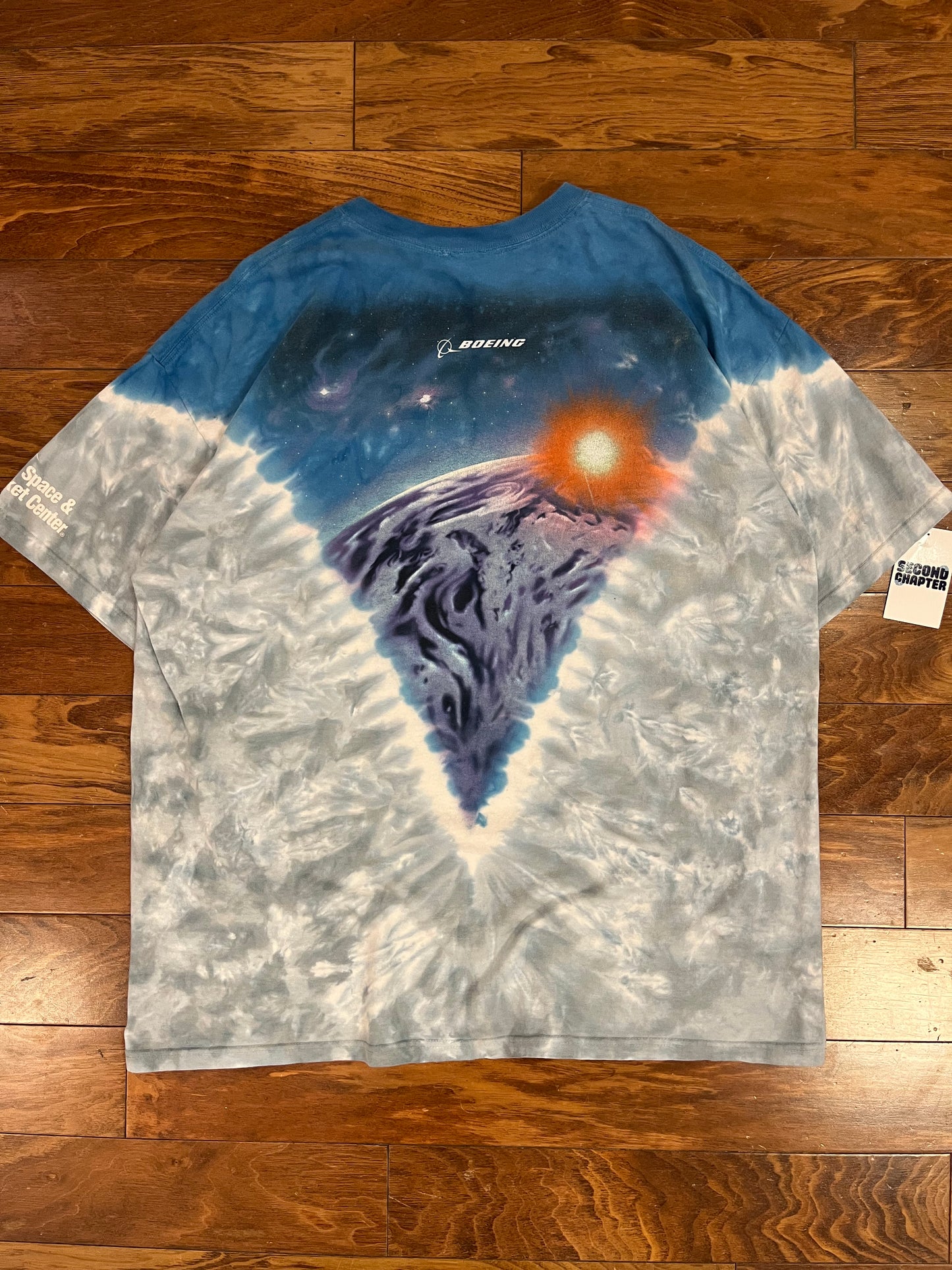 90s Boeing AOP Rocket Endeavor Space Shuttle Vintage Liquid Blue Tie Dye Tee (XXL)