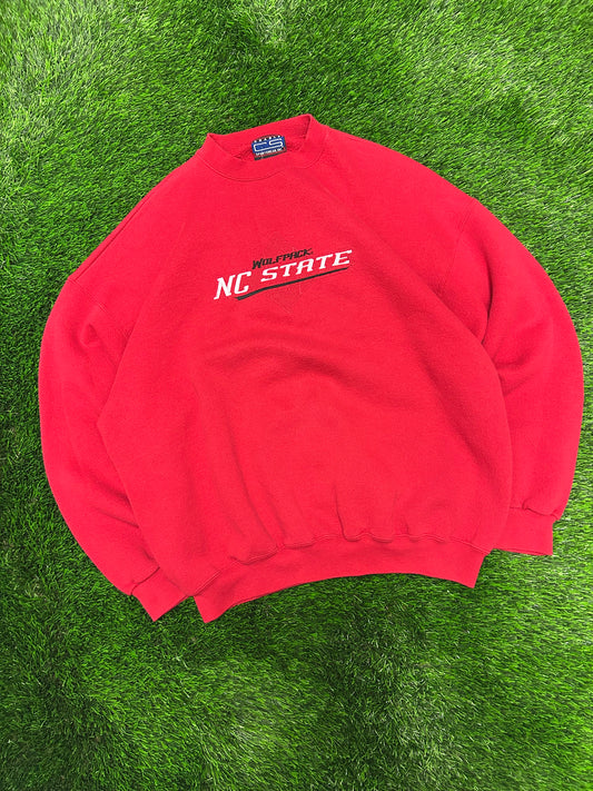 90s NC State University (NCSU) Embroidered Red Fleece Crewneck (XL)