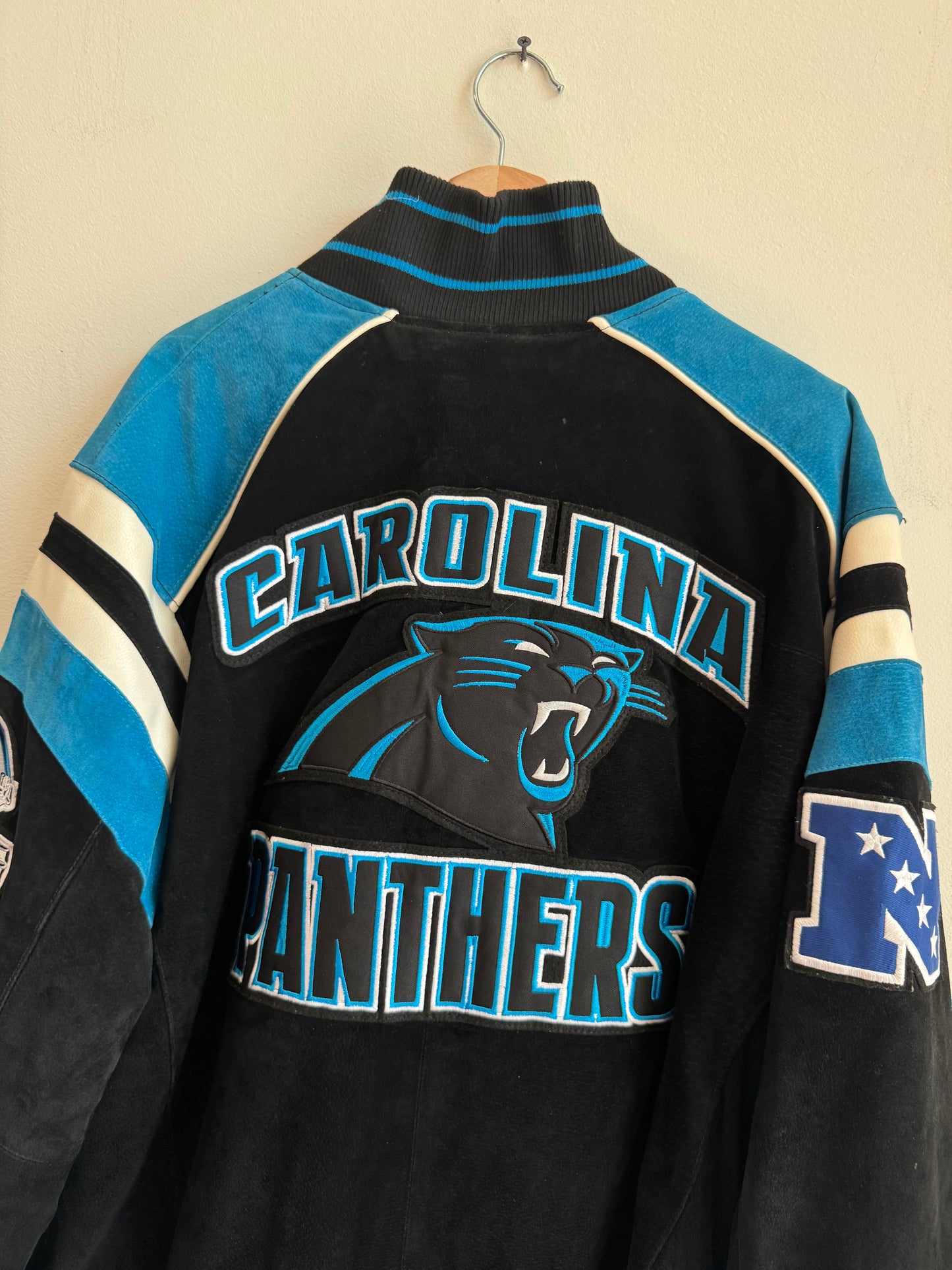 00s Carolina Panthers Suede Embroidered Patched NFL Jacket (XXL)