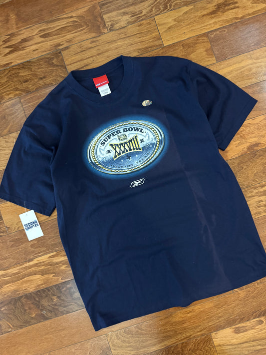 2004 New England Patriots Vs. Carolina Panthers Super Bowl Reebok Navy Tee (XL)
