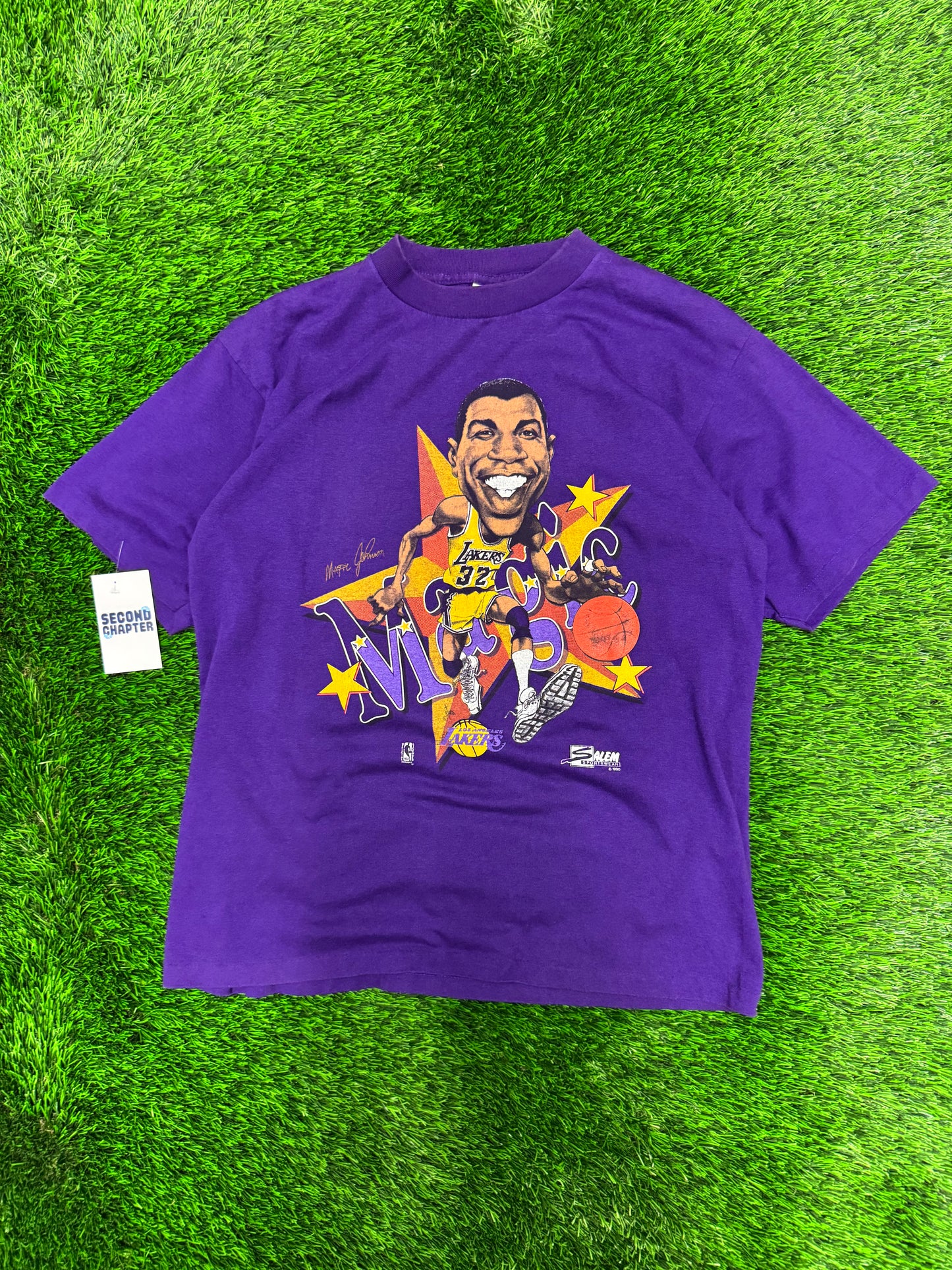 1990 Magic Johnson Los Angeles Lakers Vintage NBA Salem Caricature Vintage Tee (L)
