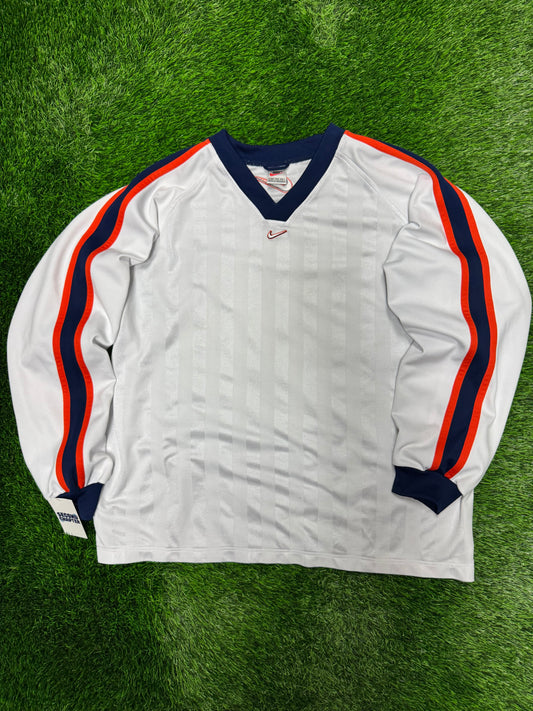 90s Nike Vintage Center Swoosh White Striped Long Sleeve Pullover Jersey (XXL)