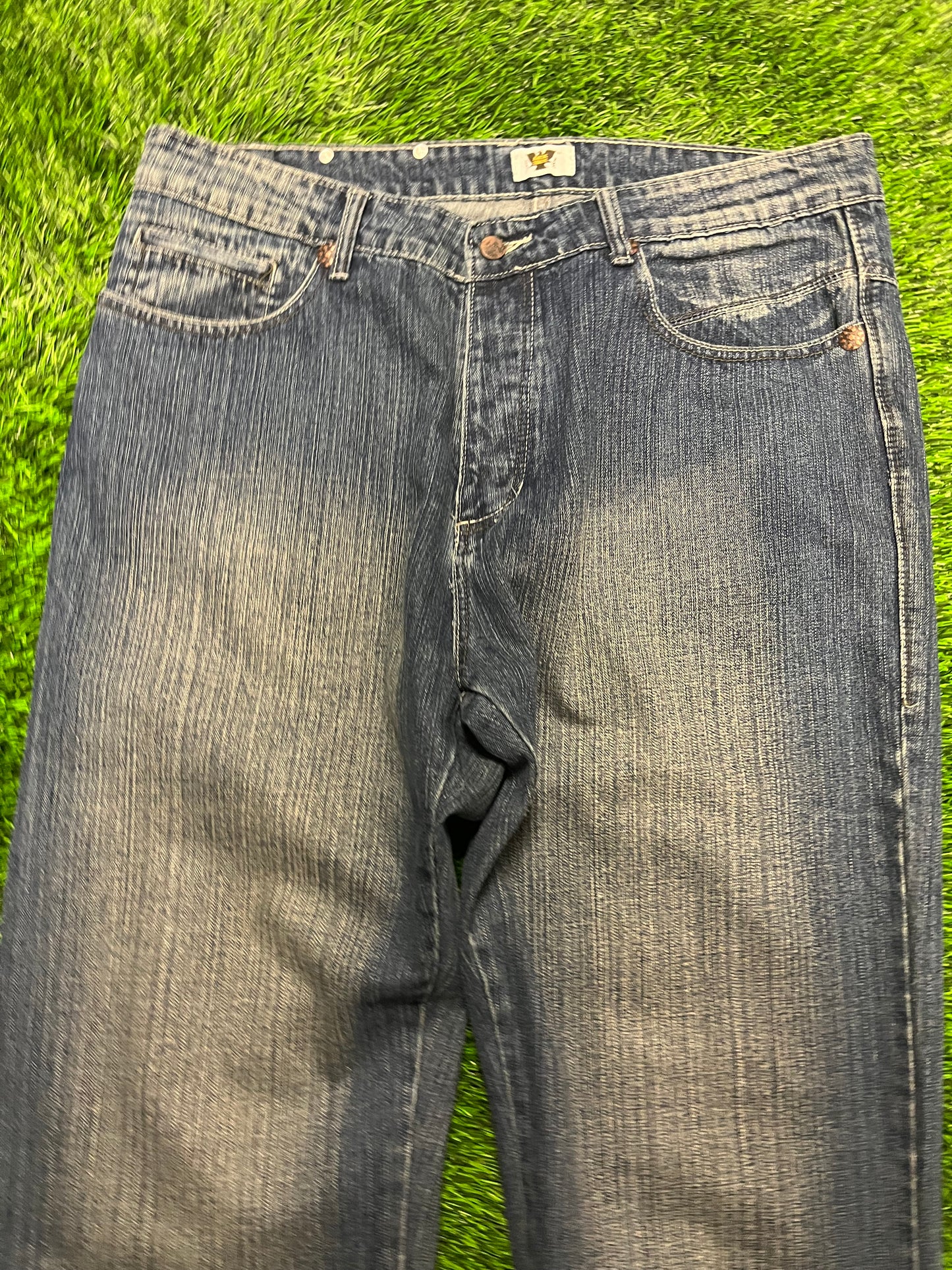 00s Antik Denim Rhinestone Baggy Dark Blue Jeans (38 x 34)