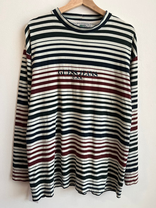 90s Guess Jeans Embroidered Striped Long-Sleeve Shirt (L)
