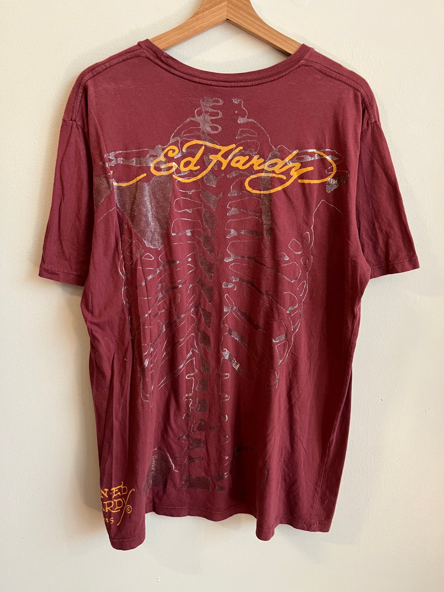00s Ed Hardy Christian Audigier Skeleton Burgundy Tee (XL)