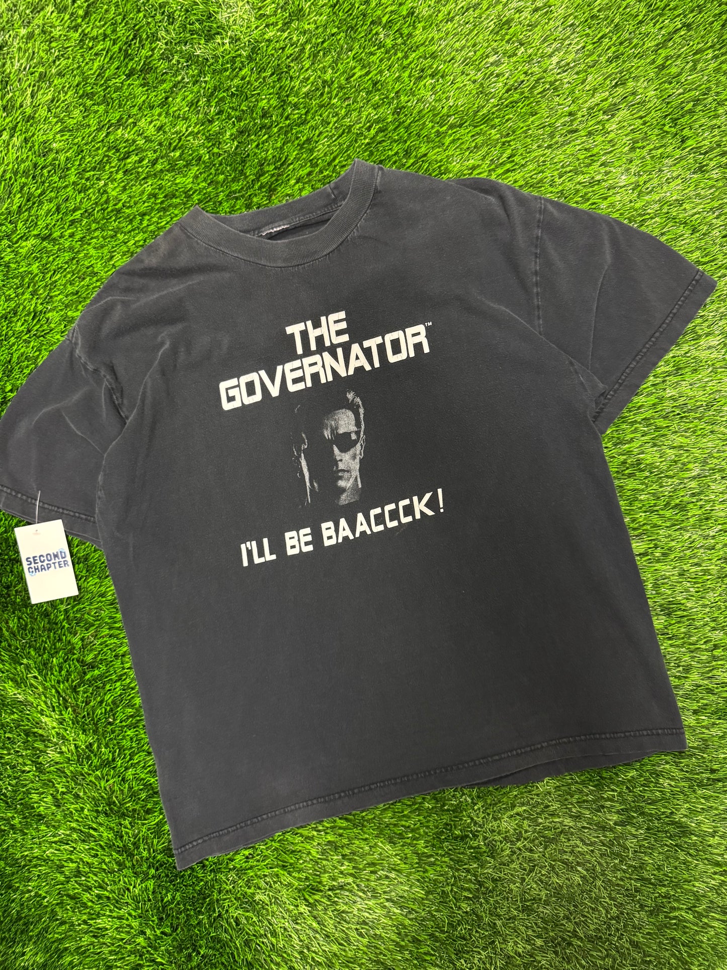 00s Arnold Schwarzenegger The Governator "I'll Be Baaccck!" Vintage Terminator Parody Tee (XL)