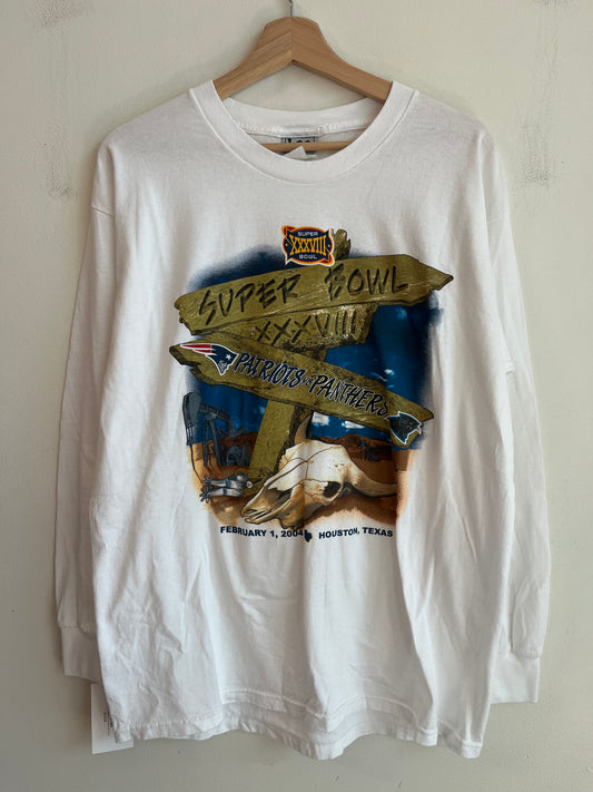 2003 Panthers vs Patriots Super Bowl White Long Sleeve Shirt (L)