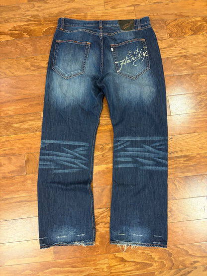 00s Ed Hardy by Christian Audigier Rhinestone Skull Boot Cut Jeans (38 x 34)