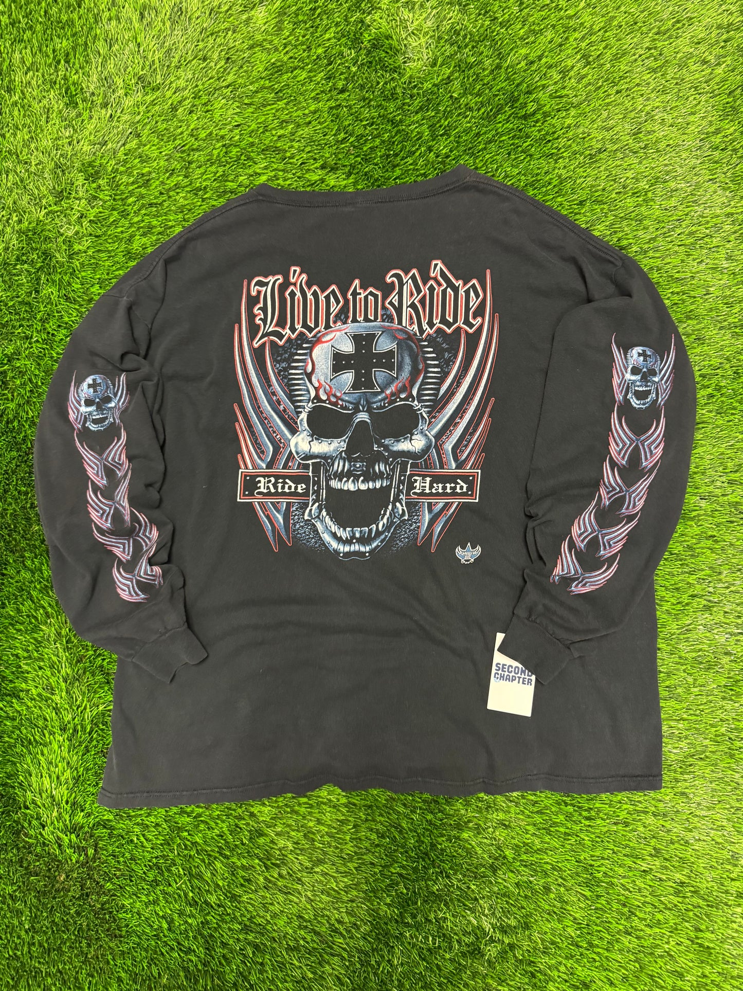 00s Live To Ride Vintage Biker Skulls Flame Long Sleeve Tee (XXXL)