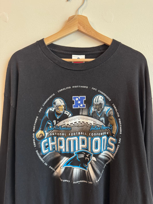 00s Carolina Panthers Jake Delhomme + Julius Peppers Long-Sleeve Shirt (XL)