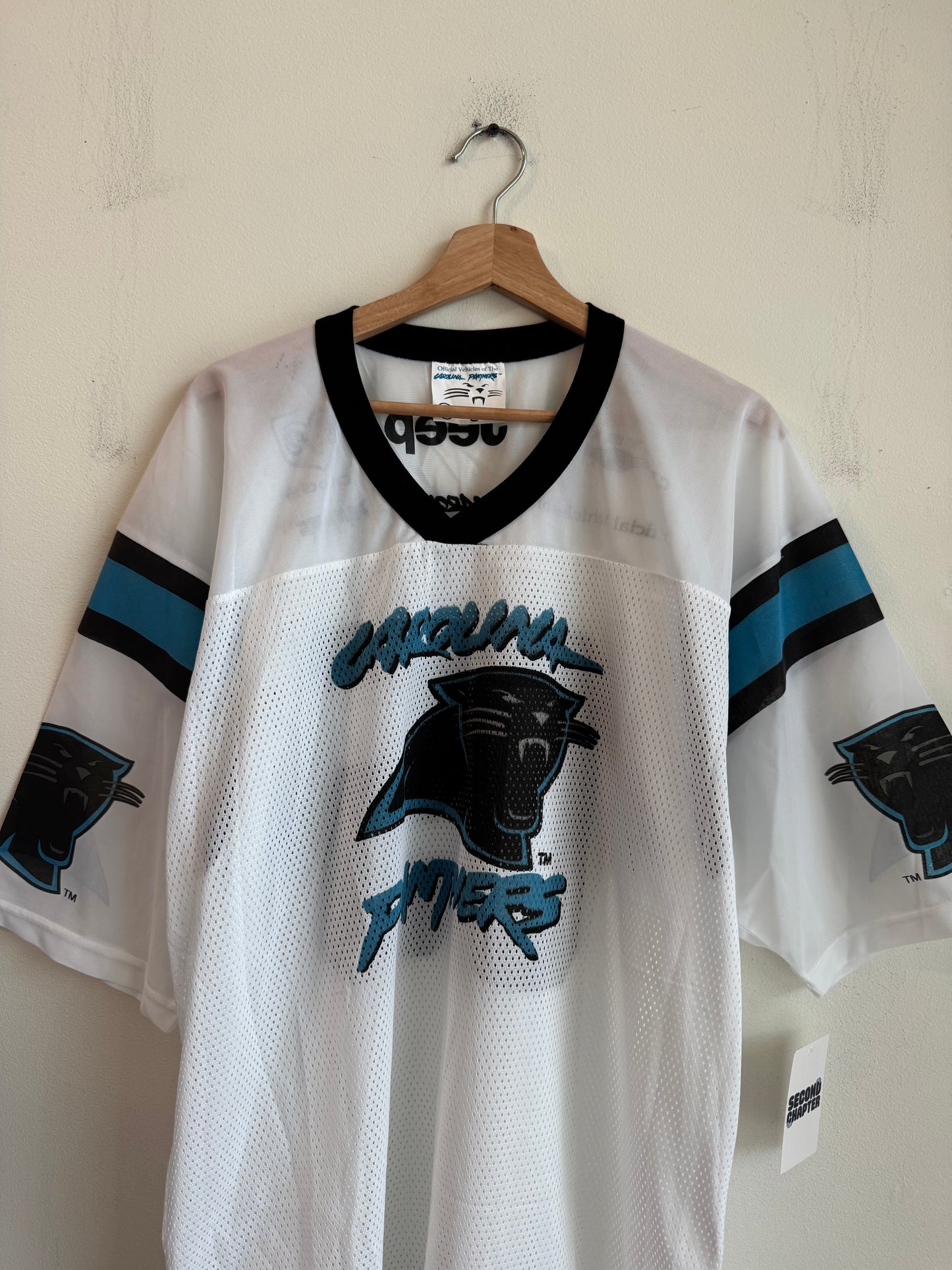 2005 Carolina Panthers Cat Scratch Spell Out Jeep White Jersey (XL)