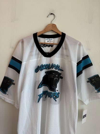 2005 Carolina Panthers Cat Scratch Spell Out Jeep White Jersey (XL)