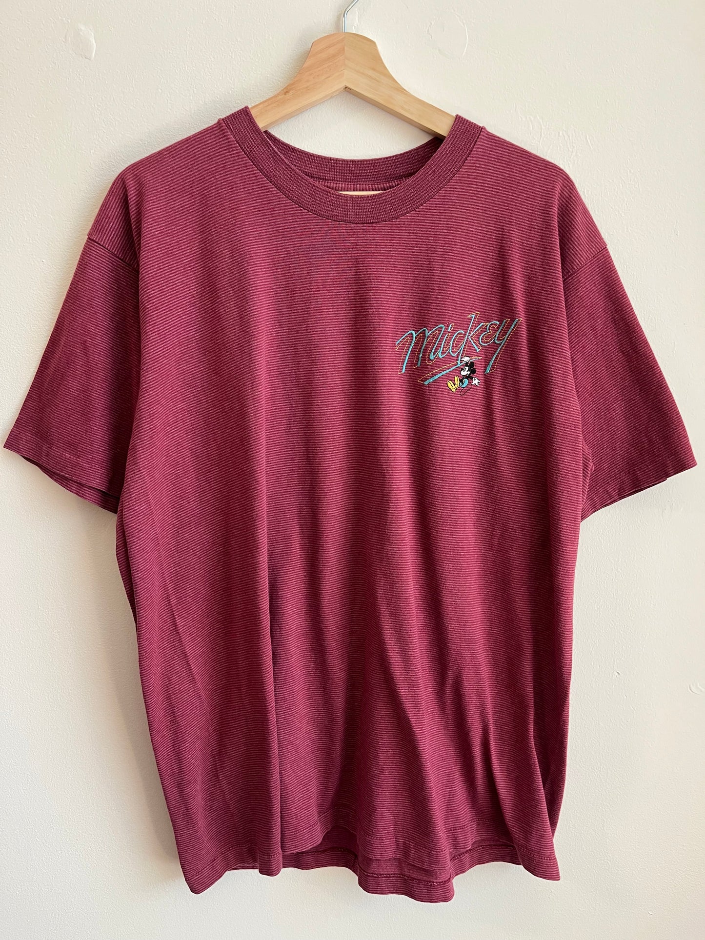 90s Mickey Mouse Disney Maroon Striped Tee (L)