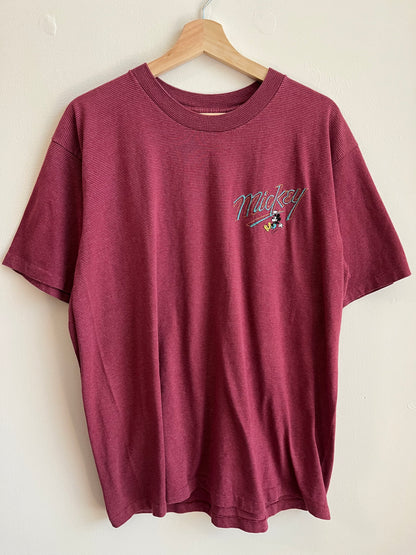90s Mickey Mouse Disney Maroon Striped Tee (L)