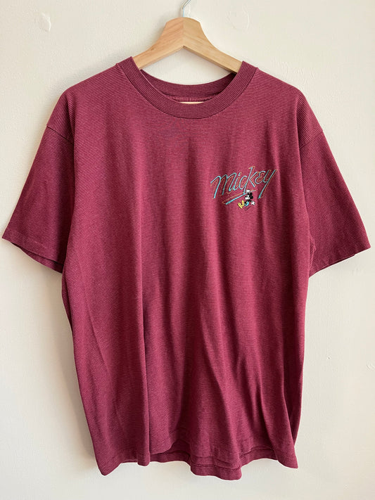 90s Mickey Mouse Disney Maroon Striped Tee (L)