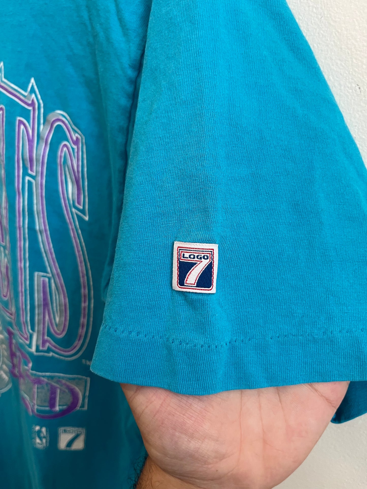 1990s Charlotte Hornets Logo 7 Spell Out Teal Tee (L)