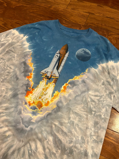90s Boeing AOP Rocket Endeavor Space Shuttle Vintage Liquid Blue Tie Dye Tee (XXL)