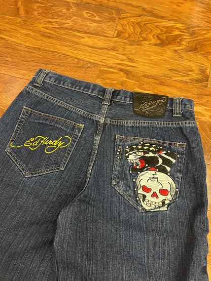 00s Ed Hardy Embroidered Jean Shorts (34)