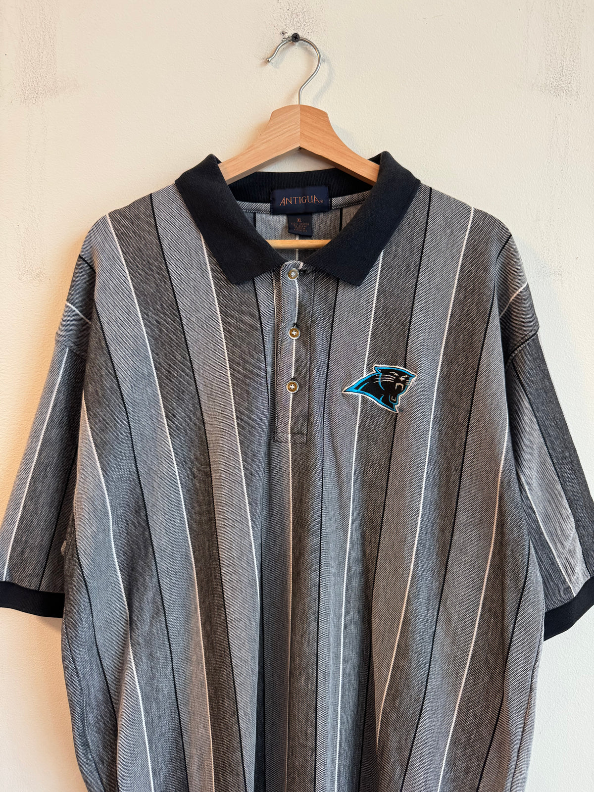 90s Carolina Panthers Antigua Grey Striped Polo (XL)