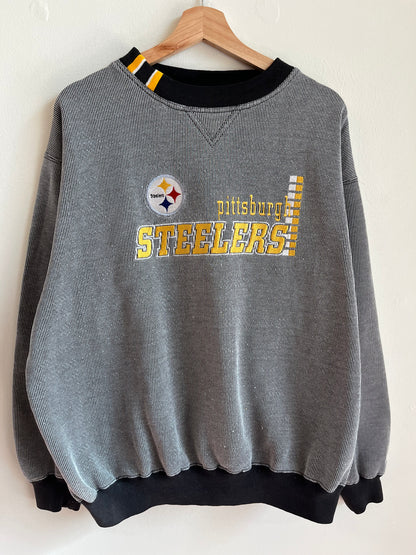 1990s Pittsburgh Steelers Striped Logo Athletic Crewneck (XL)