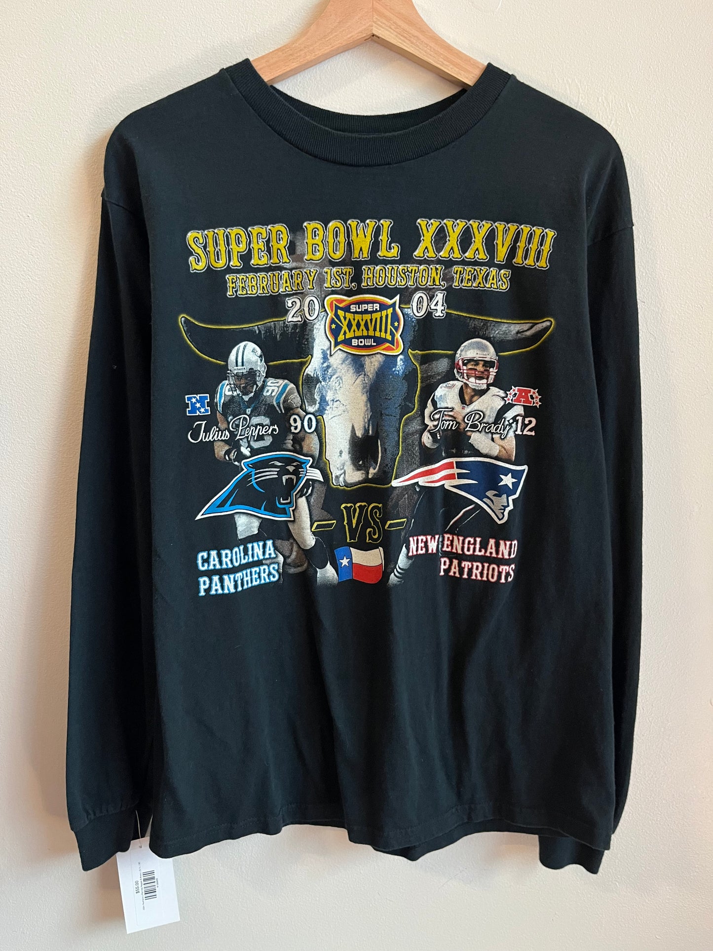 2004 Panthers v Patriots Peppers & Brady Super Bowl Long-Sleeve Shirt (L)