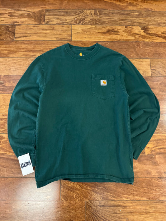 00s Carhartt Forest Green Essential Long-Sleeve Shirt (S)