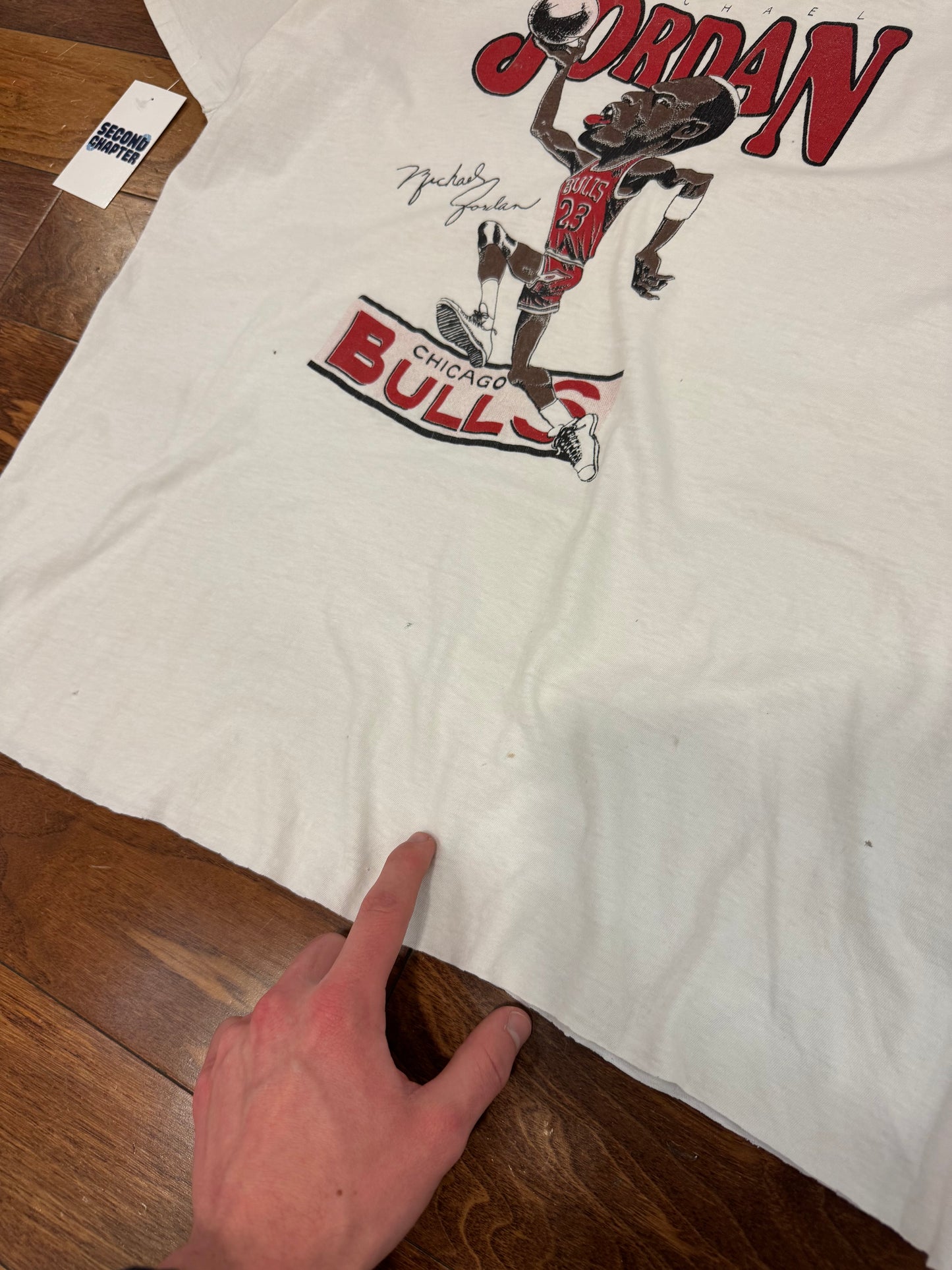 90s Michael Jordan Chicago Bulls Dunk Caricature Thrashed Vintage Cropped Tee (XL)