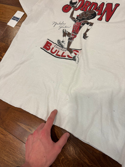 90s Michael Jordan Chicago Bulls Dunk Caricature Thrashed Vintage Cropped Tee (XL)