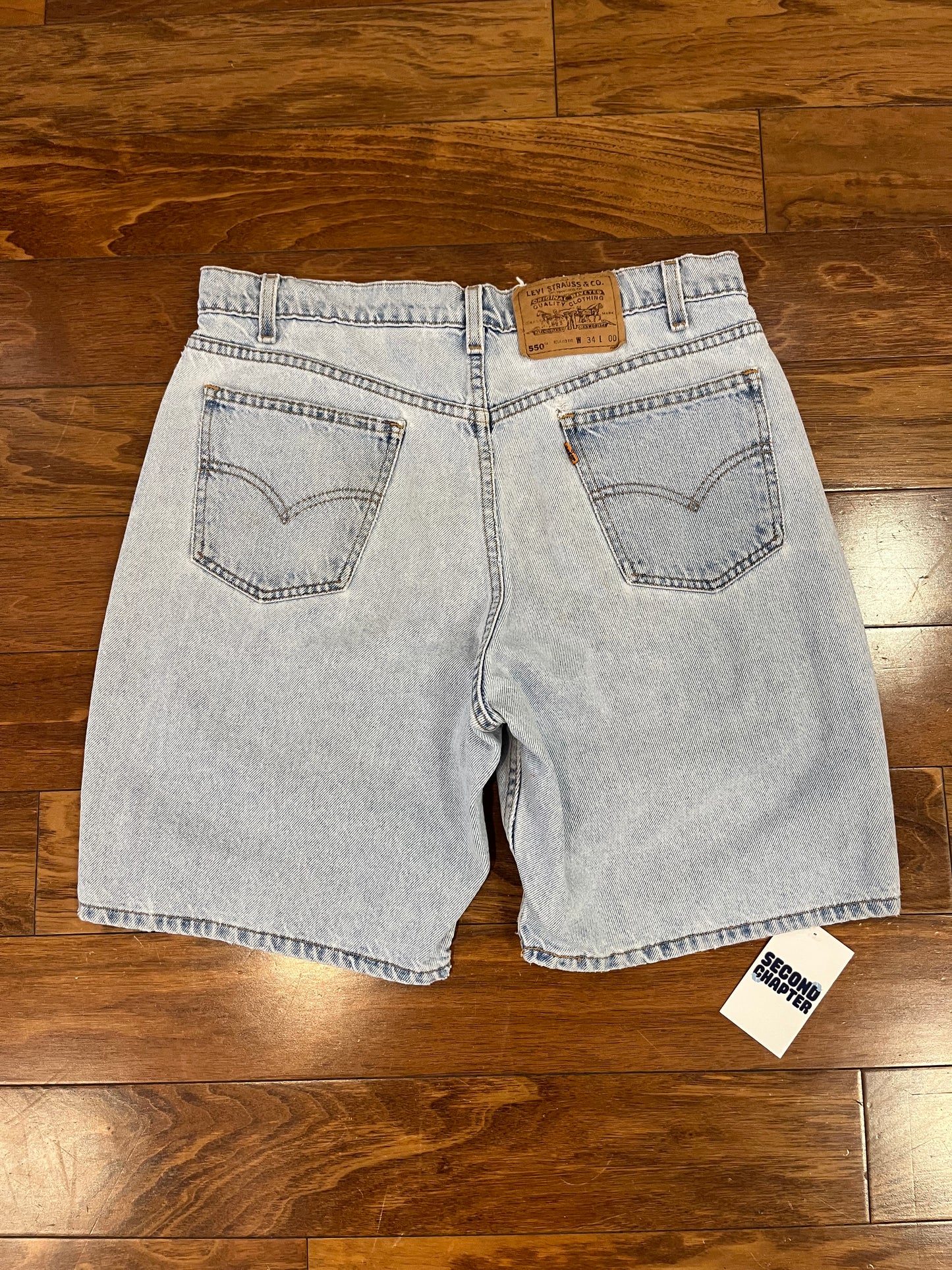 1996 Levi's 550 Light Blue Distressed Shorts (34)