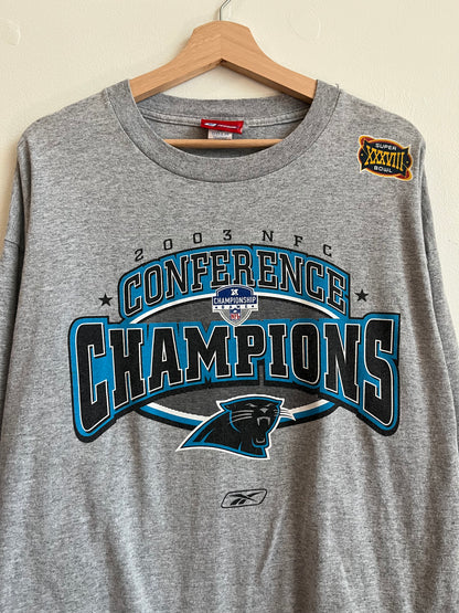 2003 Carolina Panther Grey Reebok NFL NFC Champions Long Sleeve Shirt (L)